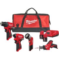 Наборы электроинструментов Milwaukee M12 BLPP4A-202B 4933499693 (шуруповерт, винтоверт, фонарь, сабельная, 2 АКБ, сумка)